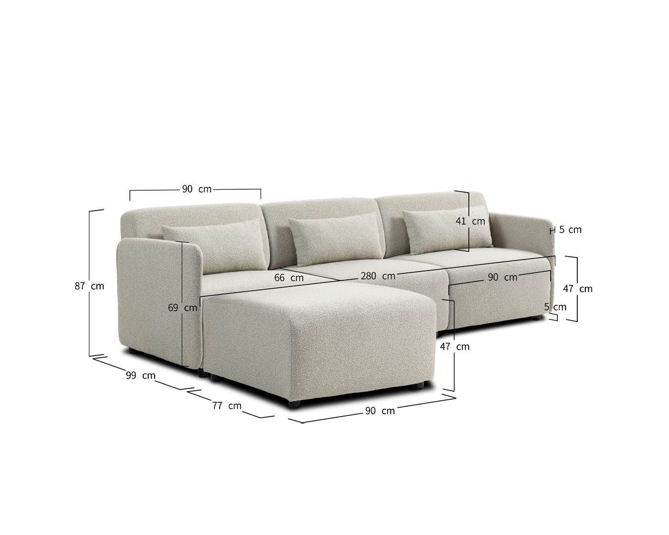 Modular Sofa Mia 3-Seater - Beige (With Ottoman) - Image 2